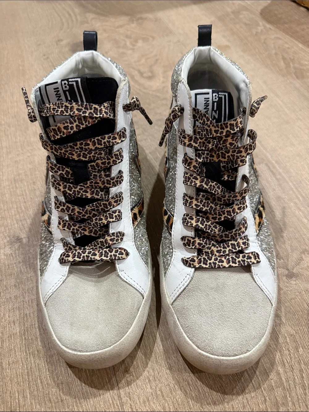 Gianni Bini Glitter High-Top Sneakers with Leopard Panels Golden Goose Dupes